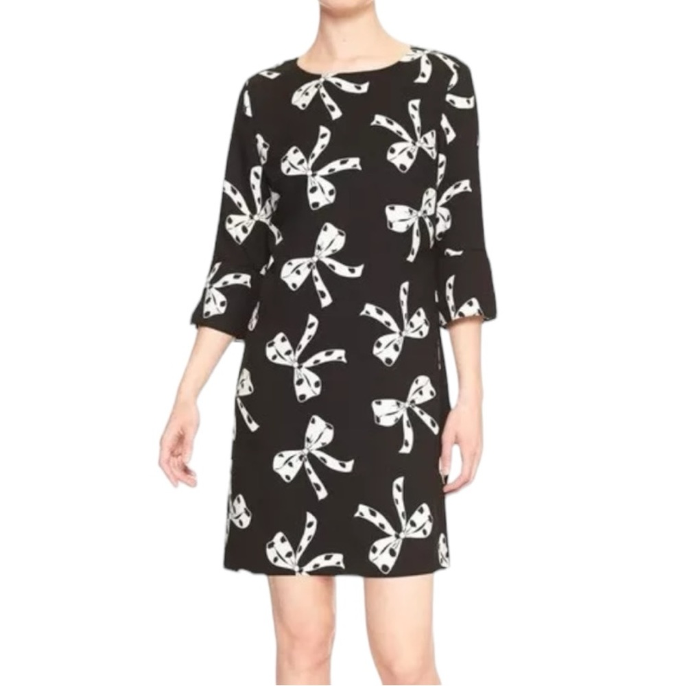 Banana Republic Factory Women’s Black Bow‎ Print Shift 3/4 Dress   Sz 8